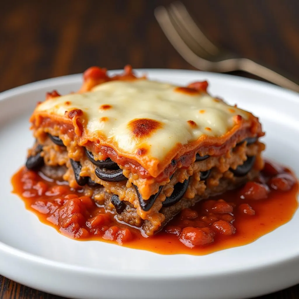 A plate of freshly baked moussaka, ready to be enjoyed.