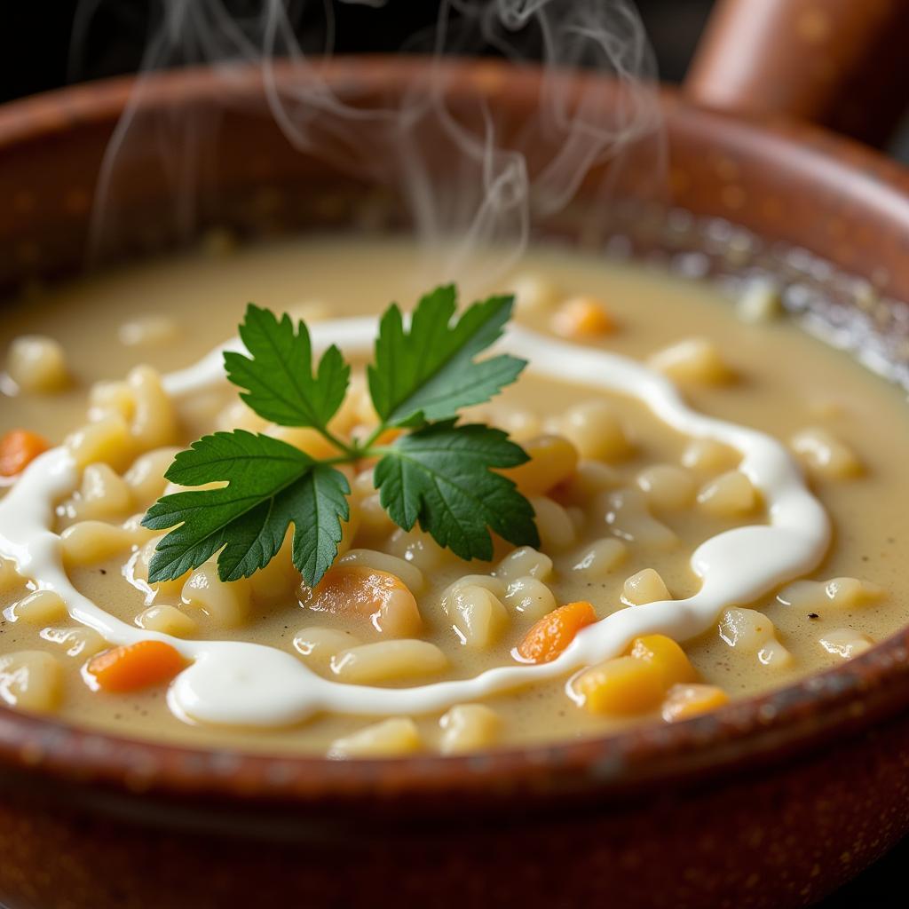 Steaming bowl of Minnesota wild rice soup with garnish