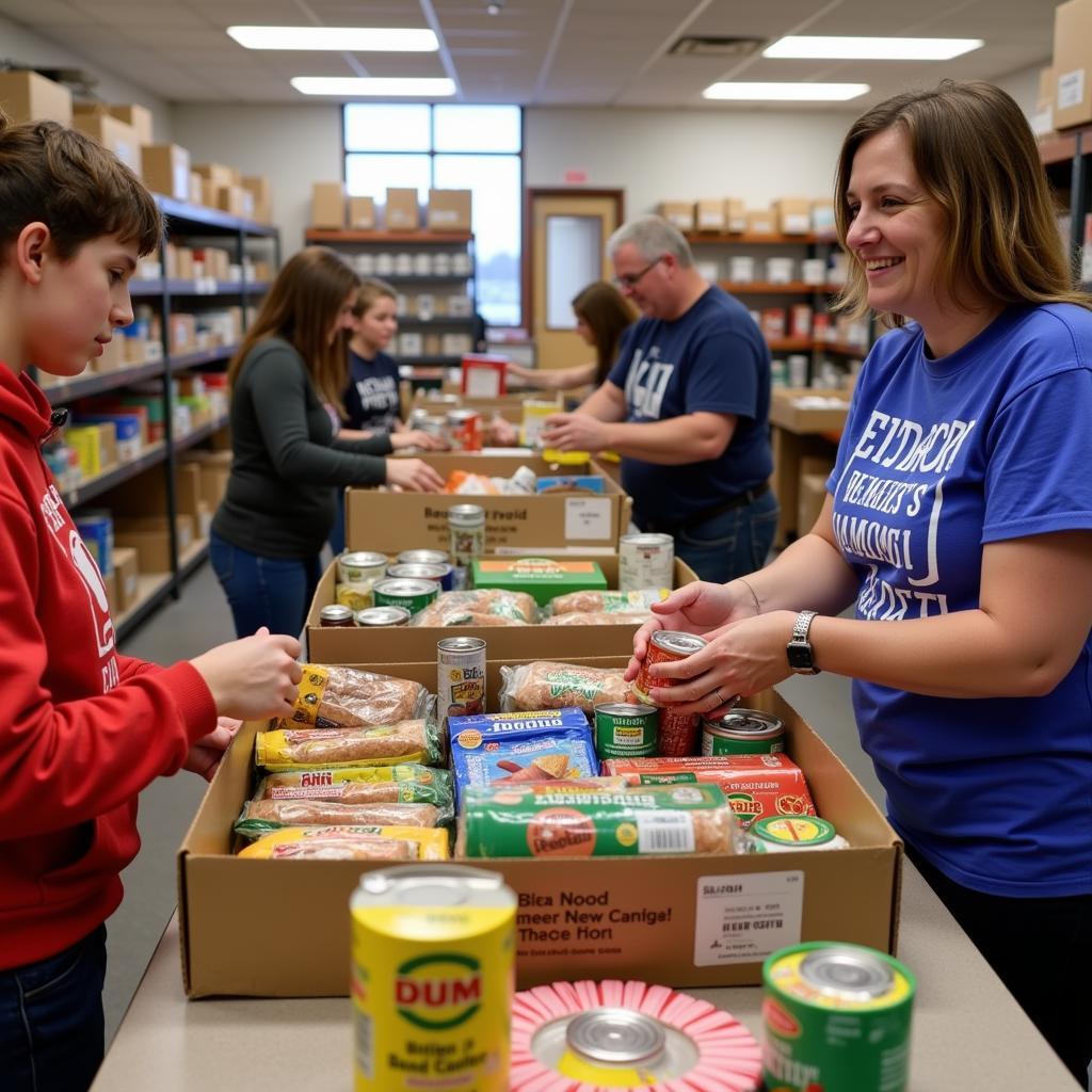 Volunteers sorting and packing food donations at a food pantry in Denison, TX