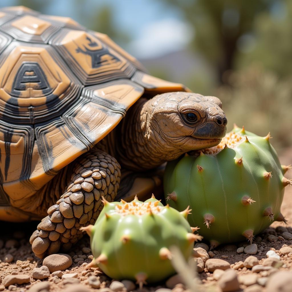 A desert tortoise grazing on a prickly pear cactus