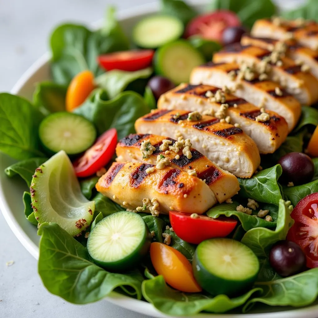 Close-up of a detox salad with grilled chicken