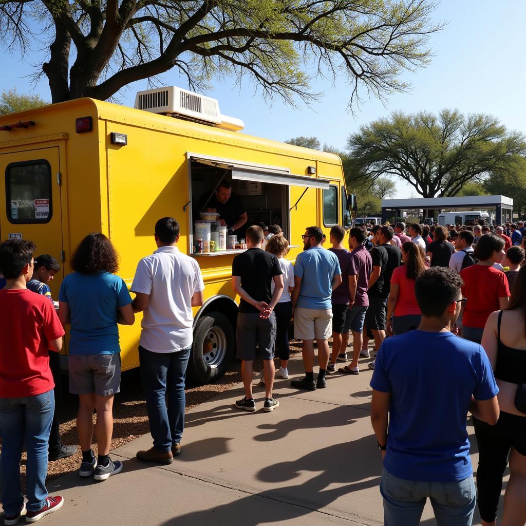 A bustling DFW food truck serving customers at a community event