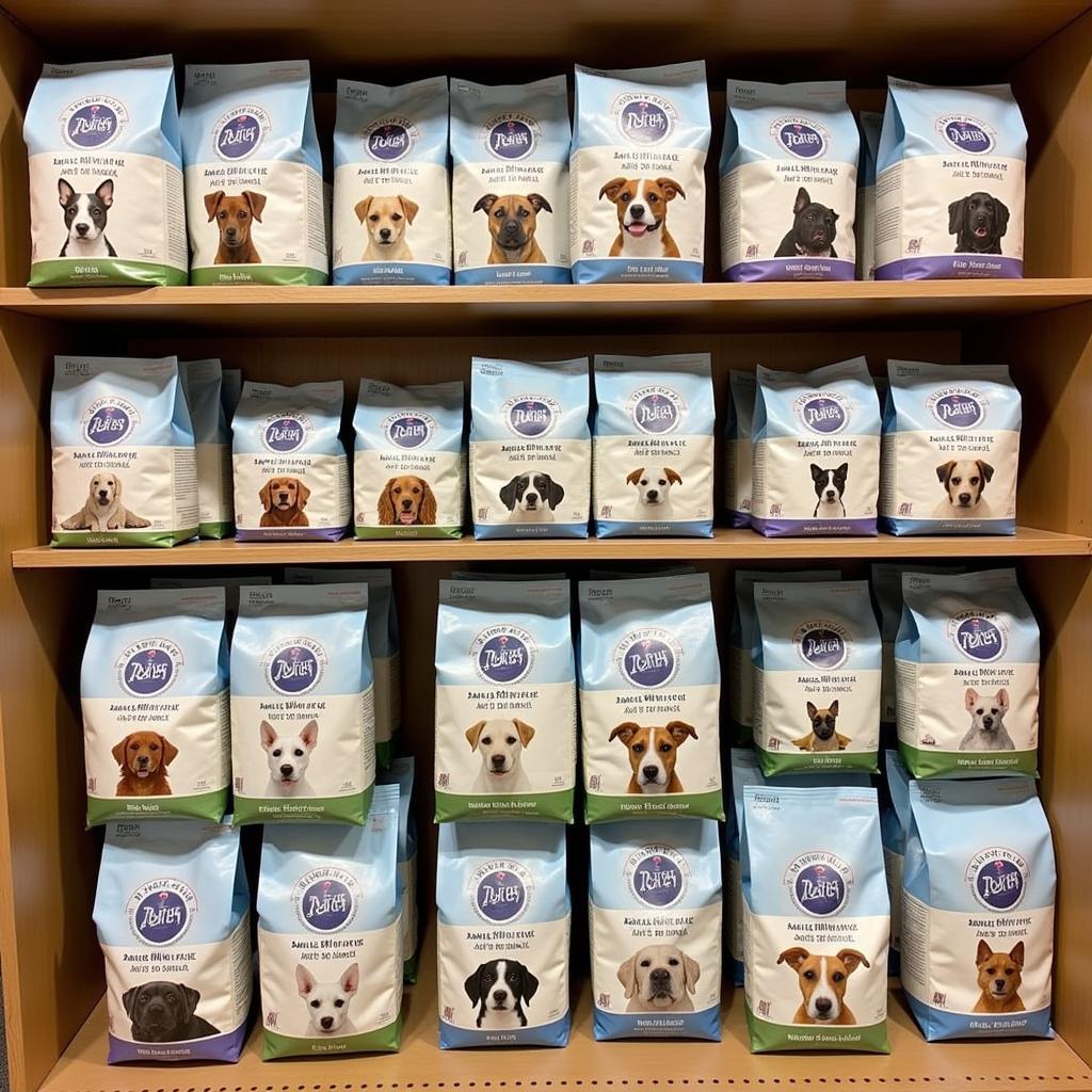 A variety of Barking at the Moon dog food formulas for different life stages.