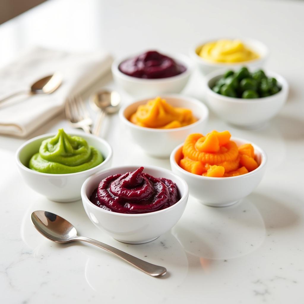 Colorful assortment of homemade veggie purees