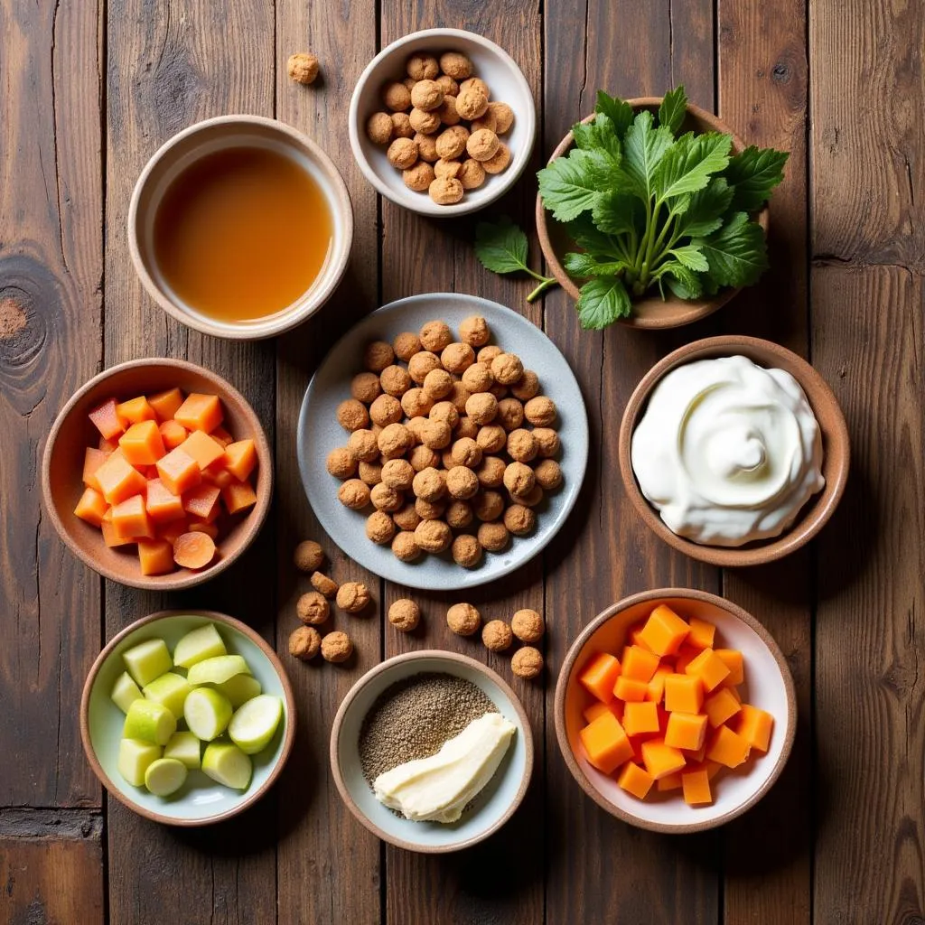 Various dog food toppers arranged on a table