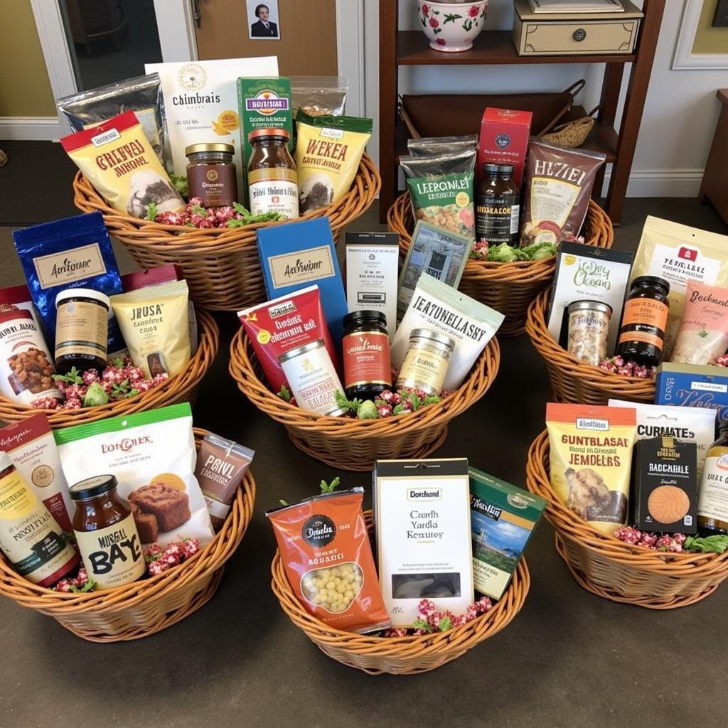 An array of Michigan food gift baskets, each showcasing unique products.