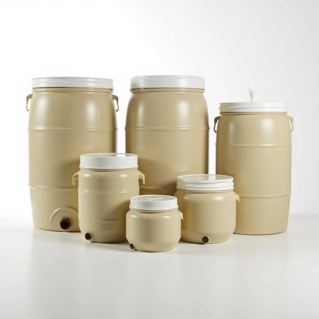 Various sizes of food storage barrels for comparison