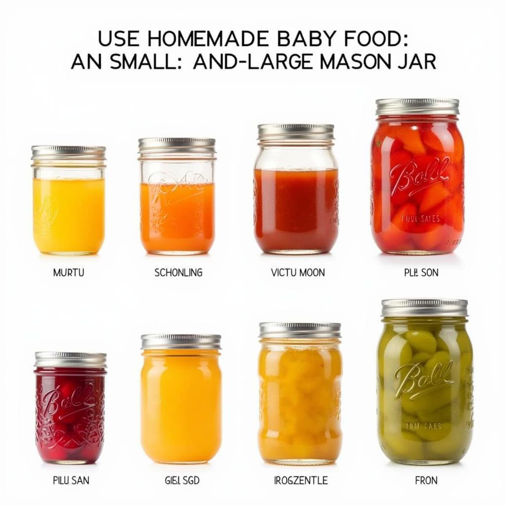 An assortment of 4-ounce and 8-ounce mason jars filled with various baby food purees.