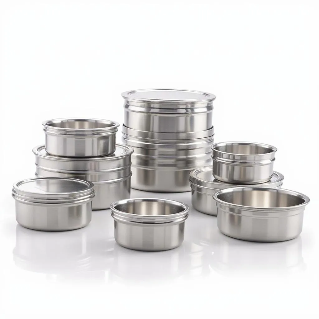 Various sizes of food storage steel containers, showcasing their versatility