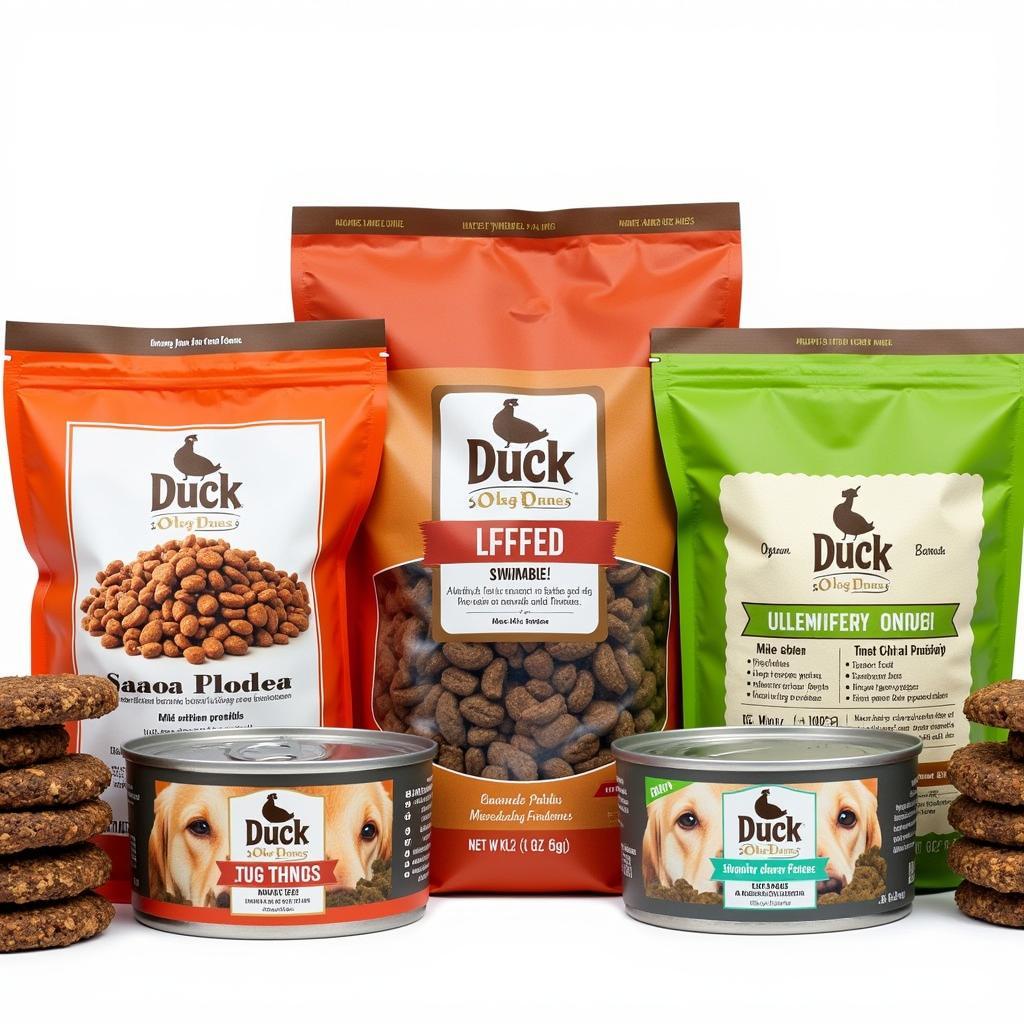 Various types of duck dog food on display