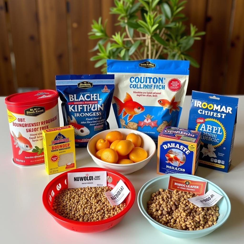 An assortment of Black Moor goldfish food including flakes, pellets, and freeze-dried options