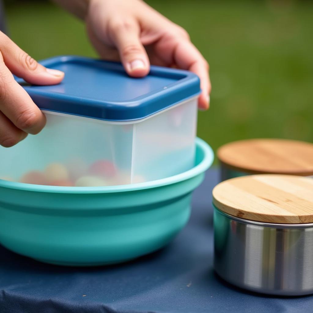 Various types of camping food containers: plastic, silicone, stainless steel.