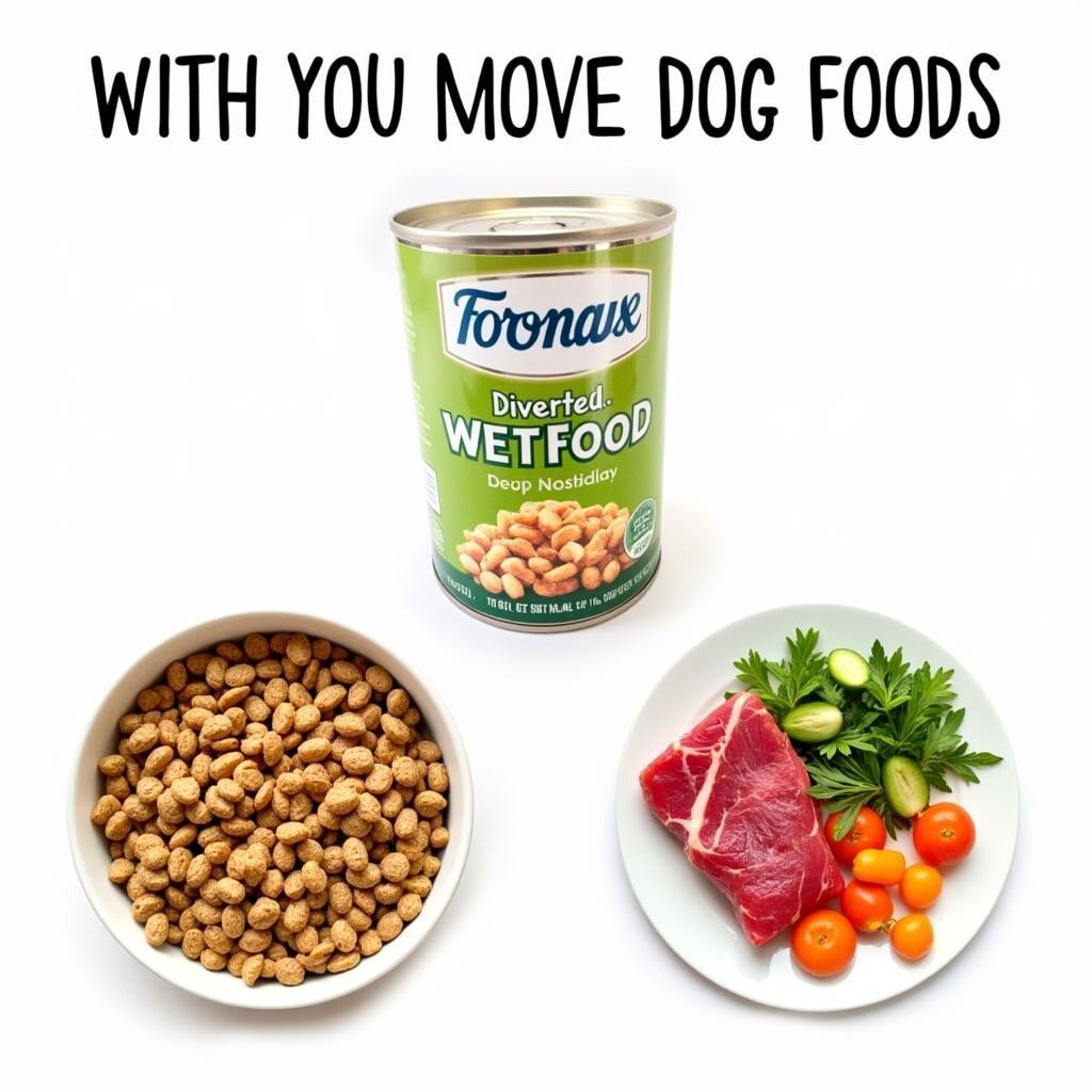 Various types of dog food including kibble, wet food, and raw food ingredients