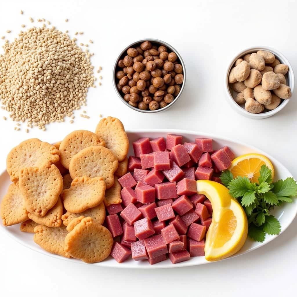 Various types of dog food - kibble, wet, and raw ingredients