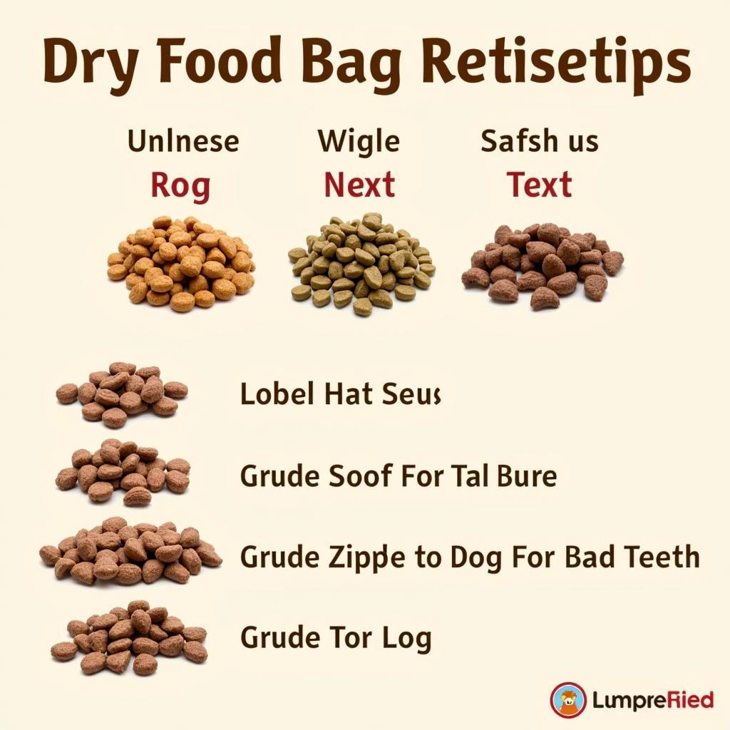 A variety of dry dog food kibble in different shapes and sizes