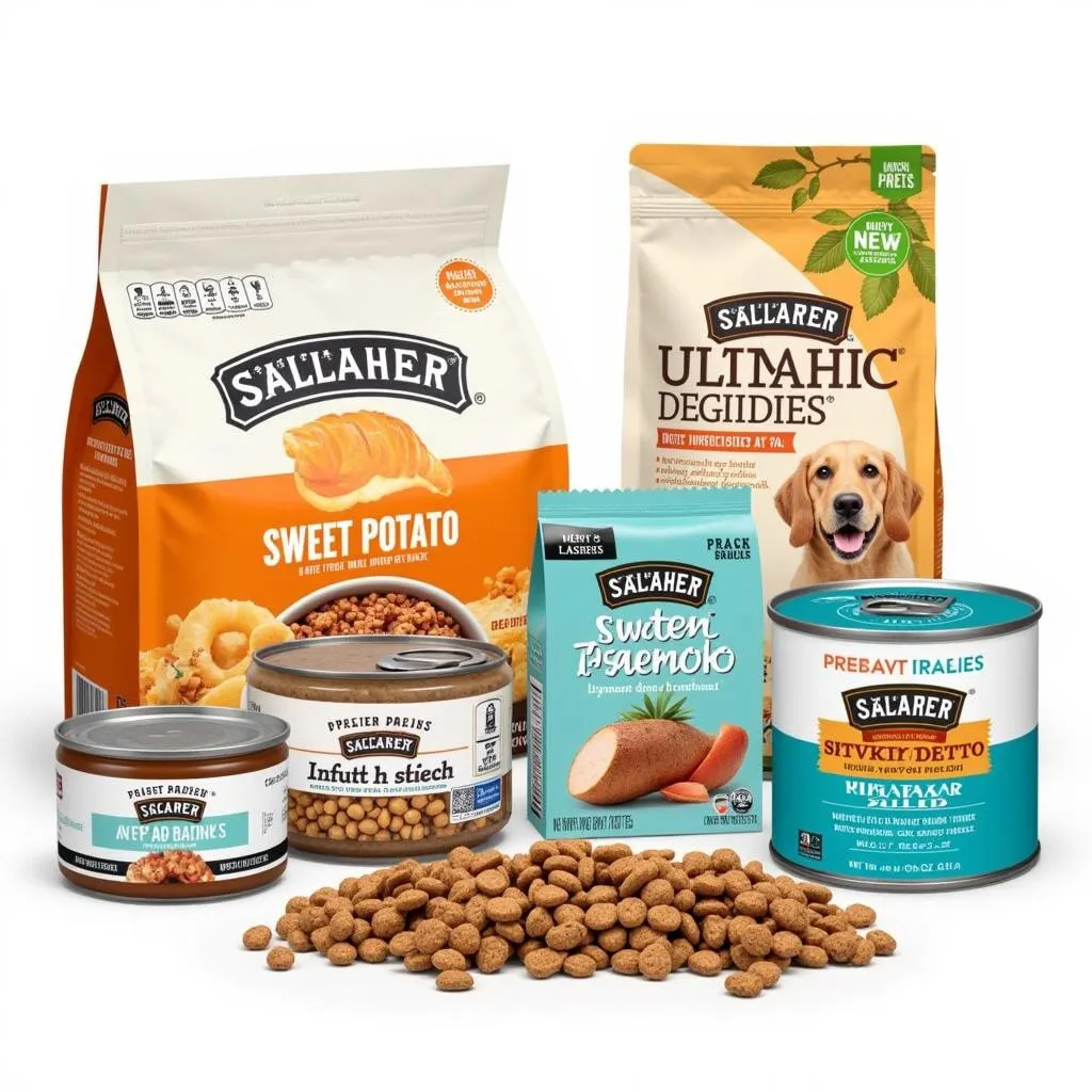 Various types of dog food containing sweet potato and fish, including dry kibble and wet food.