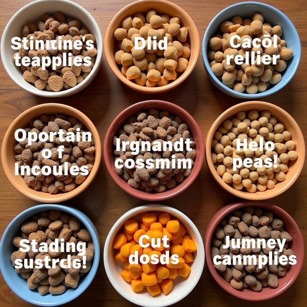 Various dry cat food options containing pumpkin displayed on a table