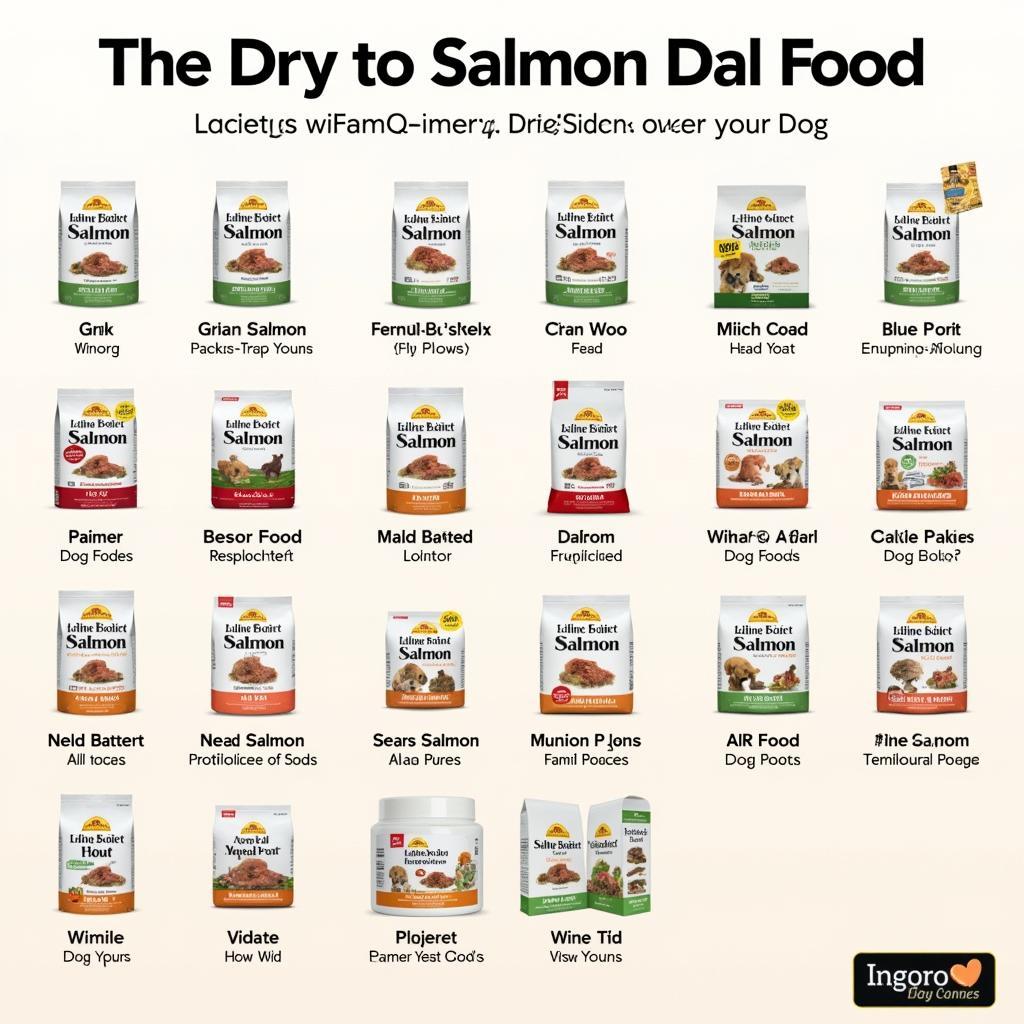 Various bags of dry salmon dog food on a shelf, highlighting the diversity of brands and formulas available.