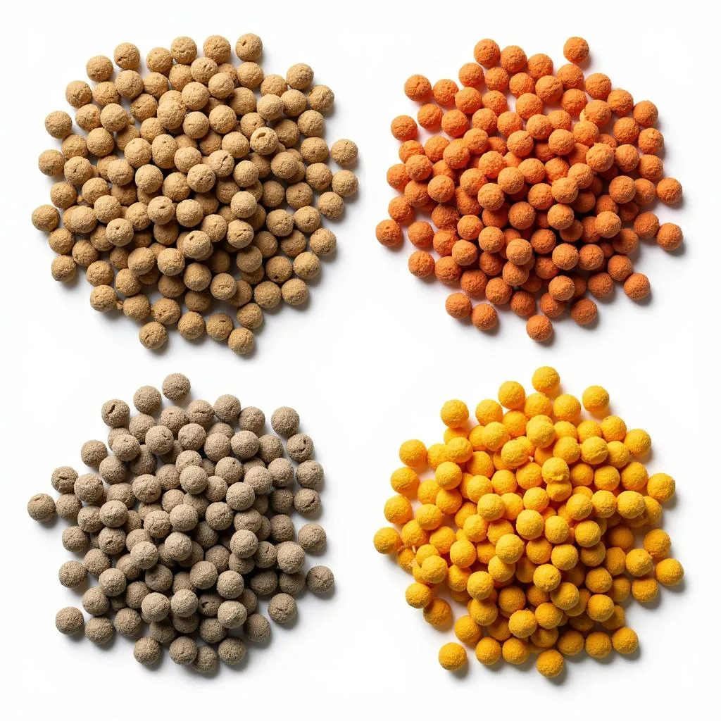 Various types of fish food pellets for different fish species