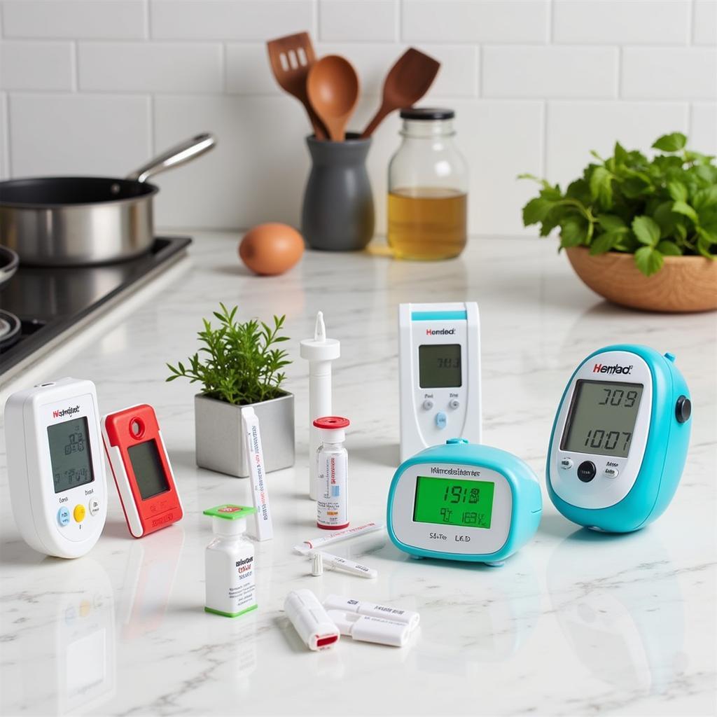 Various food salt testers displayed on a kitchen counter