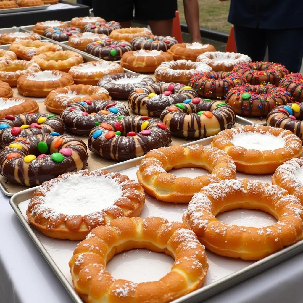 An assortment of fried dough treats with various toppings