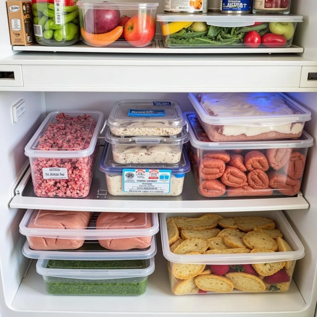 Home freezer stocked with various frozen food items.