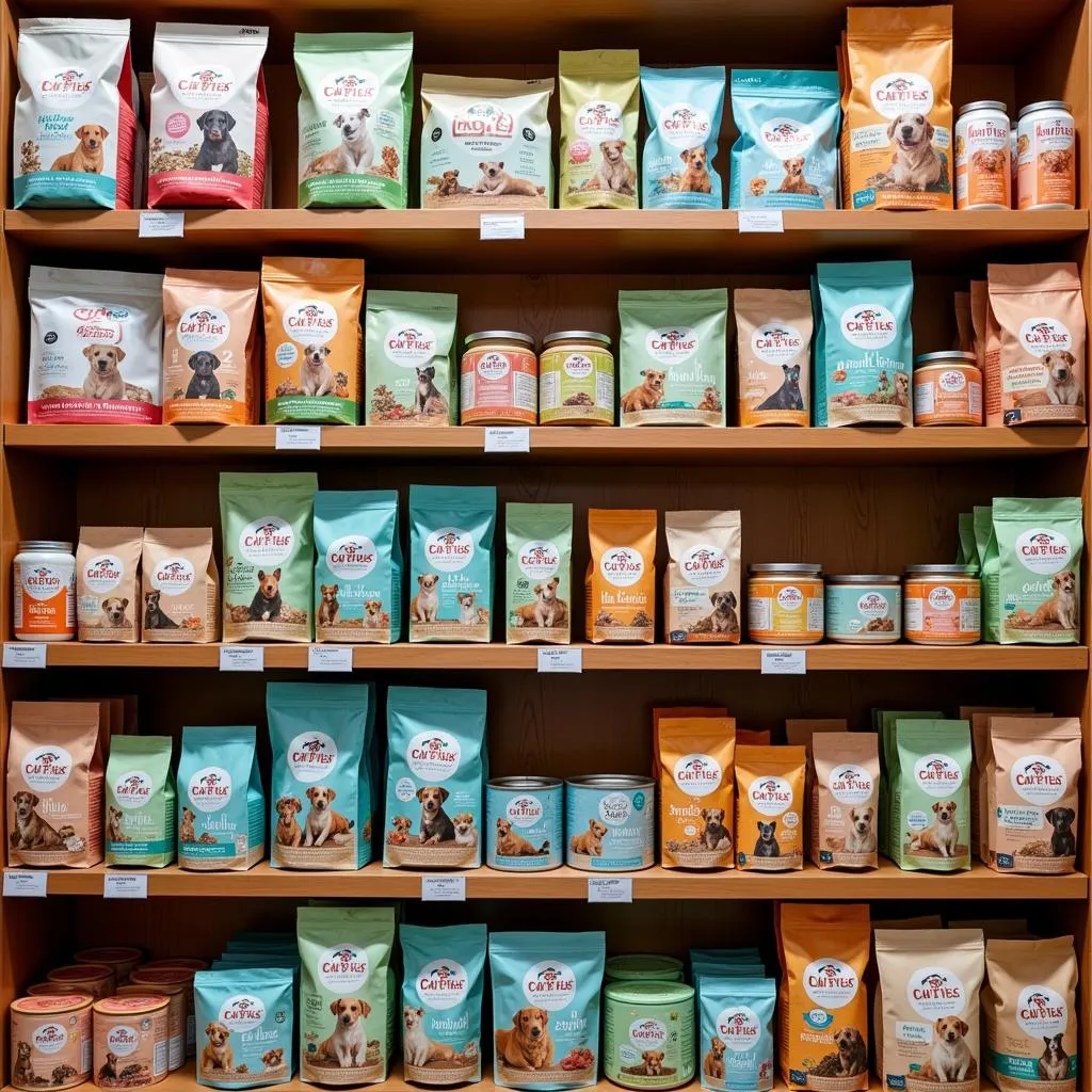 Variety of natural dog food options on pet store shelves