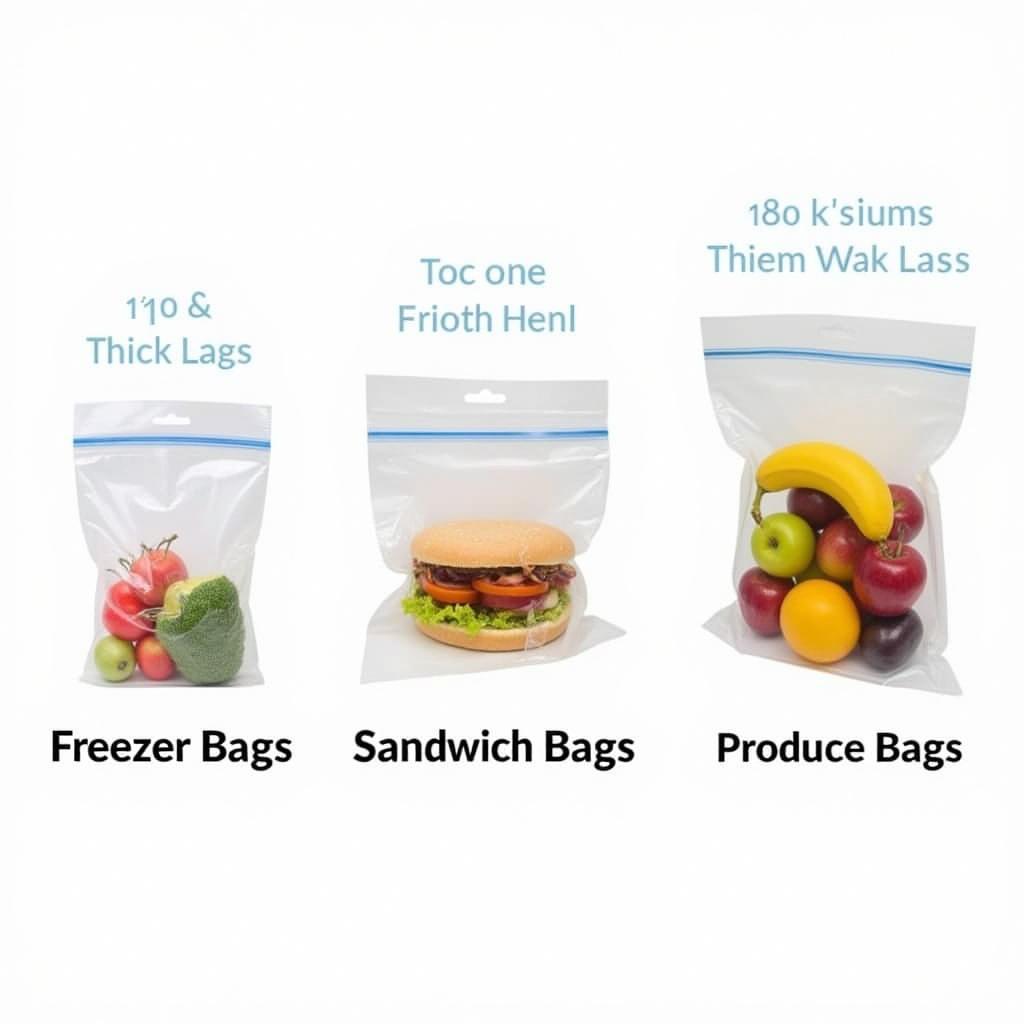 Different types of plastic bags: freezer, sandwich, and produce bags