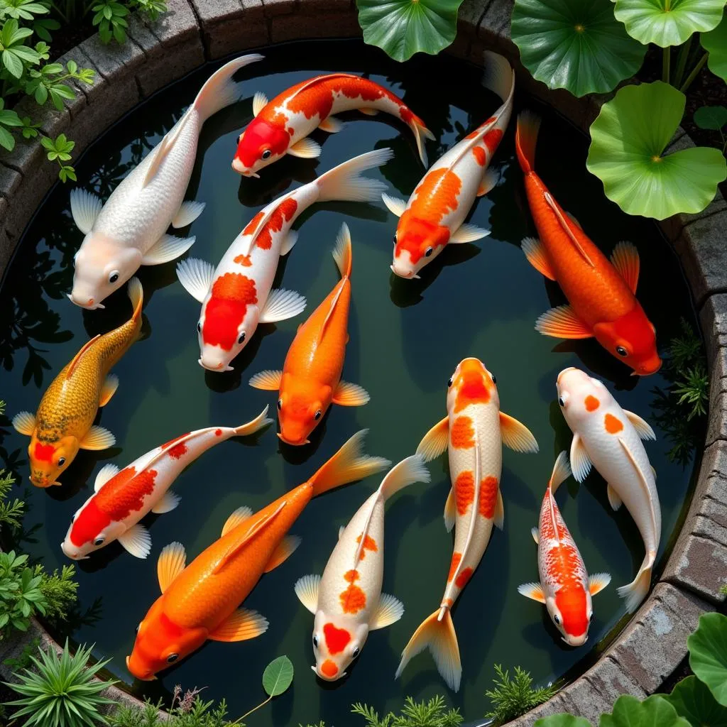 Various pond fish species swimming in a pond