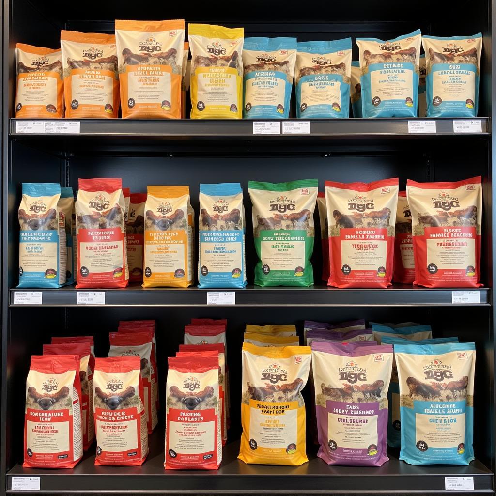 Variety of rawternative dog food products on a shelf