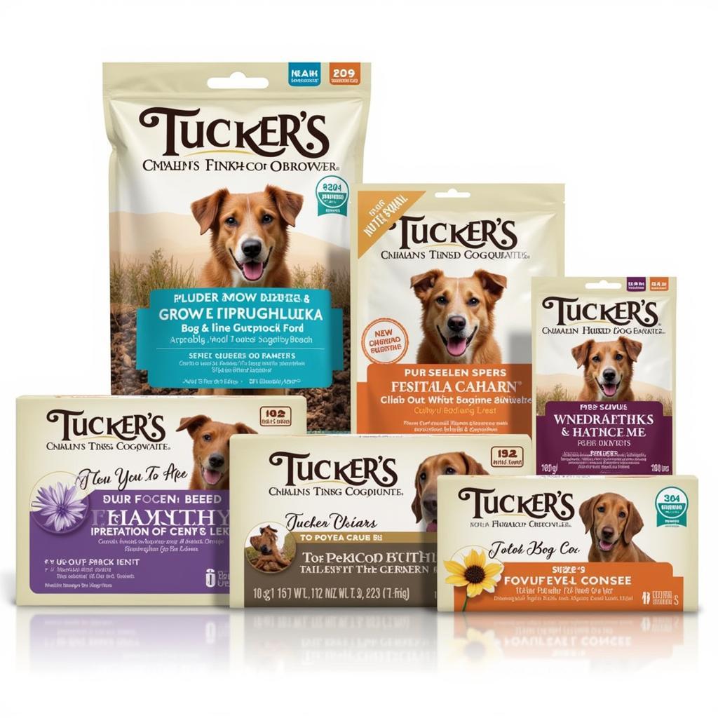 Various packages of Tuckers frozen dog food for different dog breeds and life stages