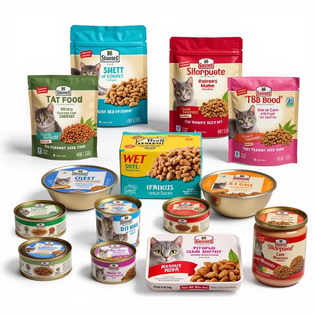 Variety of wet cat food cans and pouches