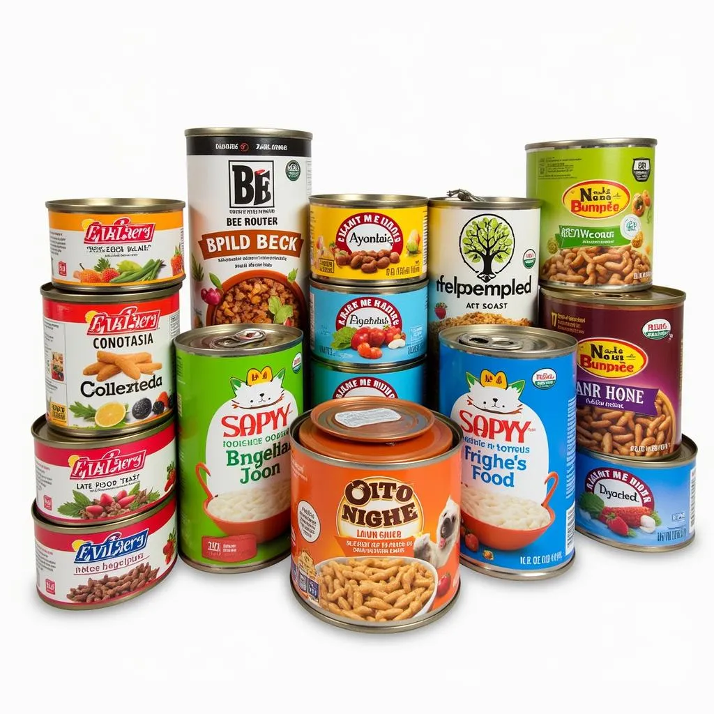 Variety of wet dog food cans and pouches