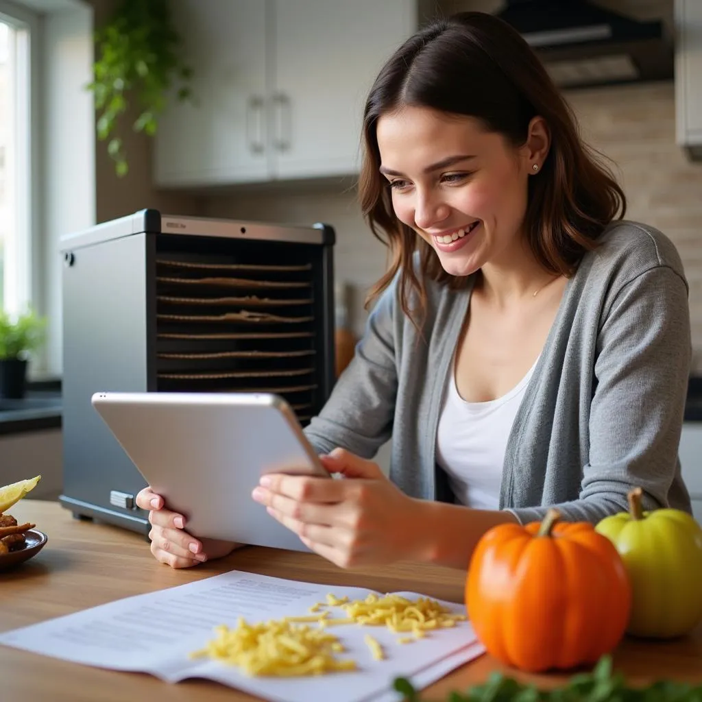 Woman reading food dehydrator manual on a tablet in the kitchen