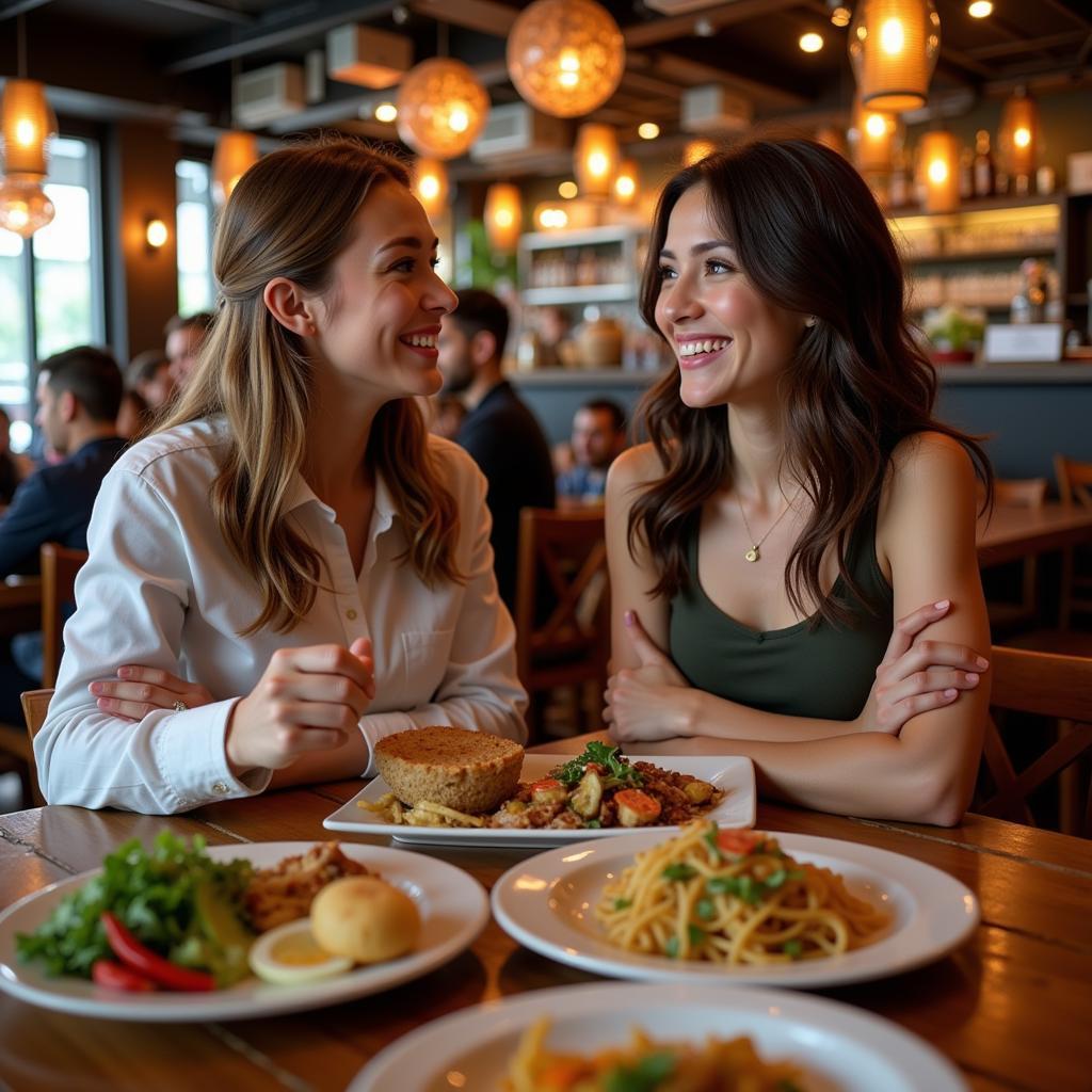 A couple enjoying a meal together at a bustling Thai restaurant