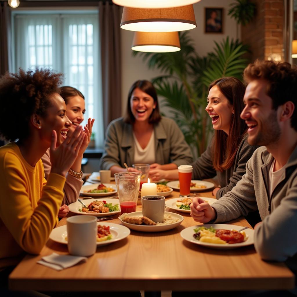 Group of friends laughing over dirty food jokes