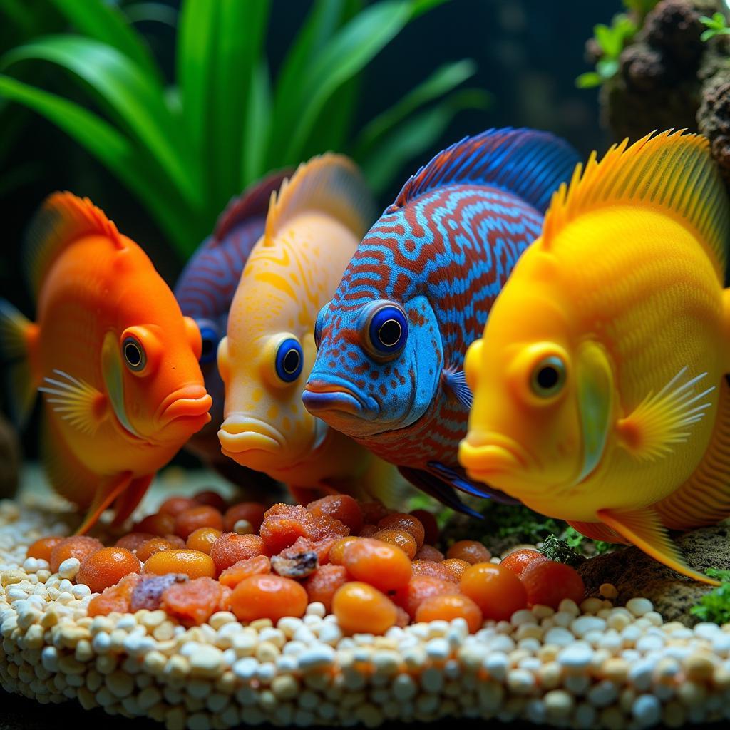 Discus fish enjoying a varied diet