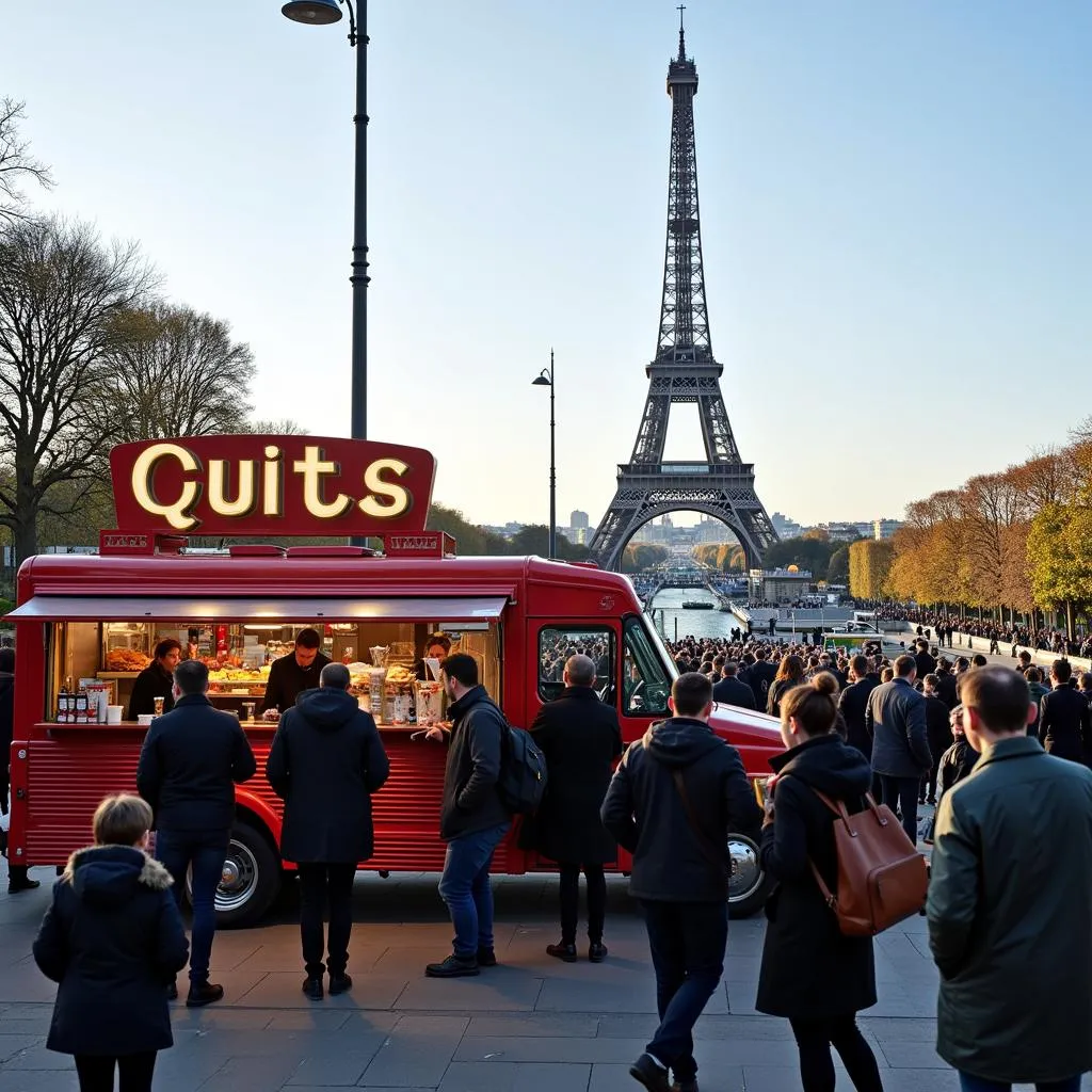 A diverse crowd enjoys their meals from a &quot;la boot&quot; food truck, with the Eiffel Tower in the background