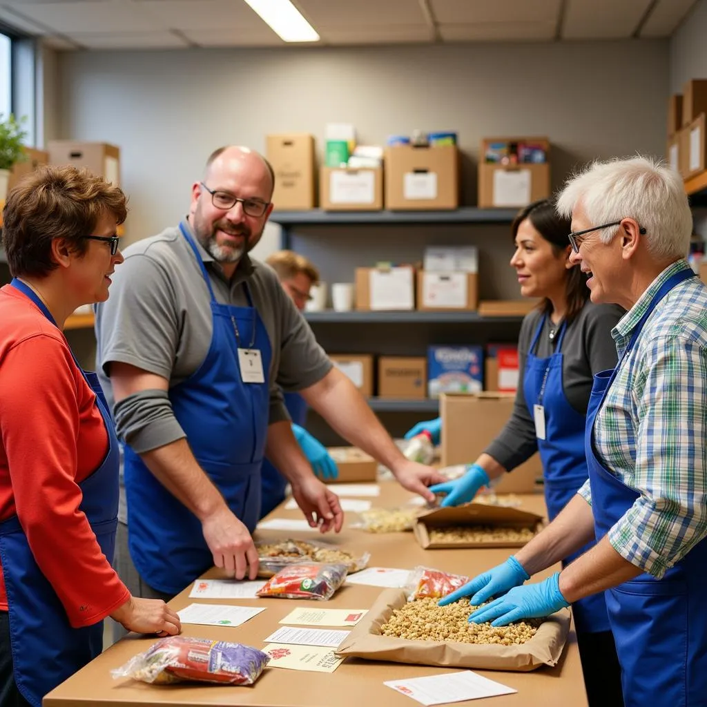  A diverse group of volunteers from different backgrounds working together at the Alton food pantry.