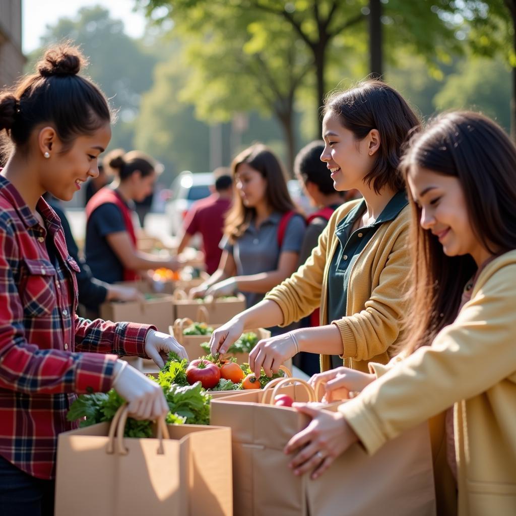 Volunteers packing bags and assisting community members at a mobile food pantry