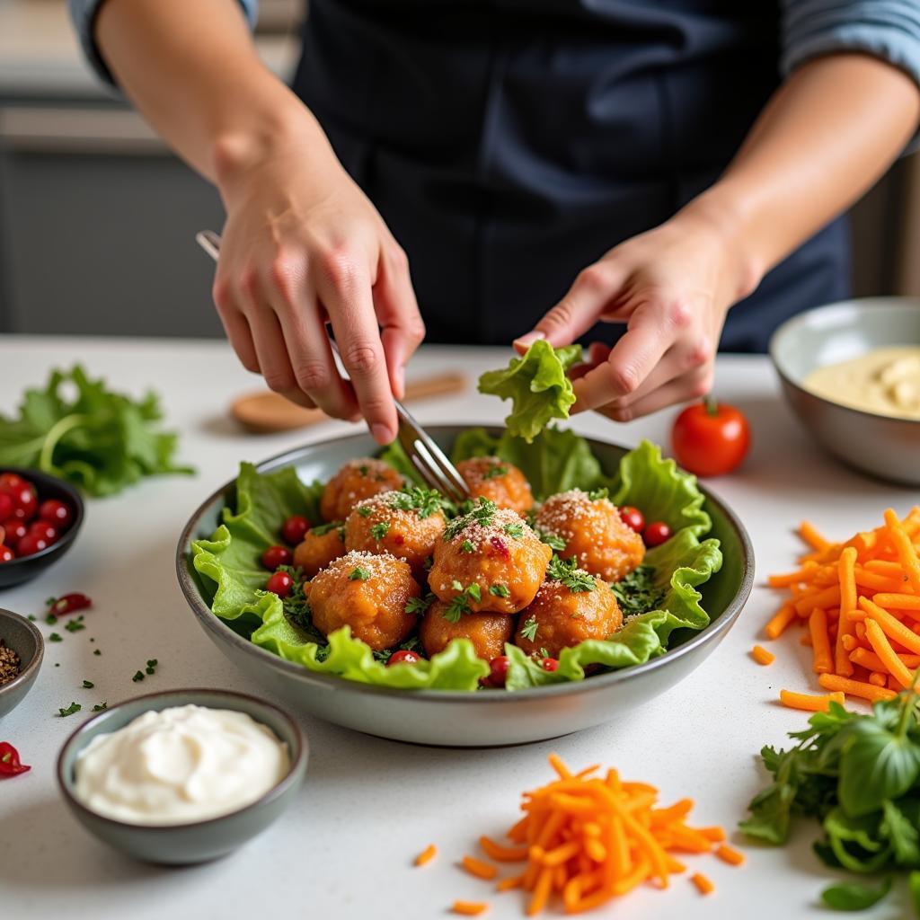 DIY Food Bomb Creation: A person assembling a colorful and flavorful dish, demonstrating the process of making a food bomb at home.