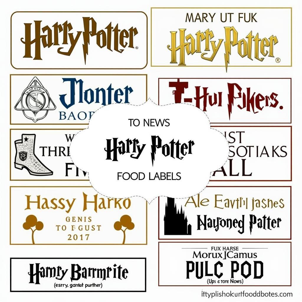 DIY Harry Potter Food Labels Ideas: Several creatively designed Harry Potter food labels showcasing different fonts, graphics and themes.