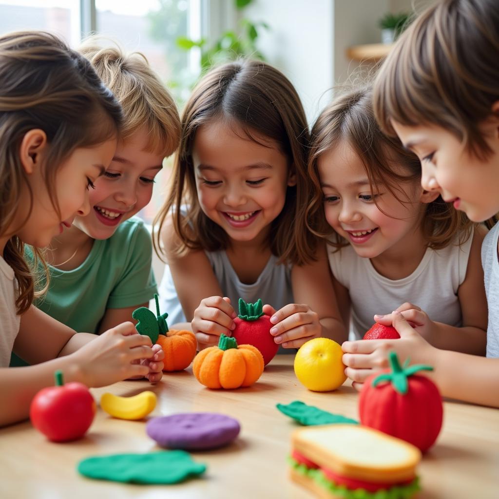 Children engaging in imaginative play with DIY felt food