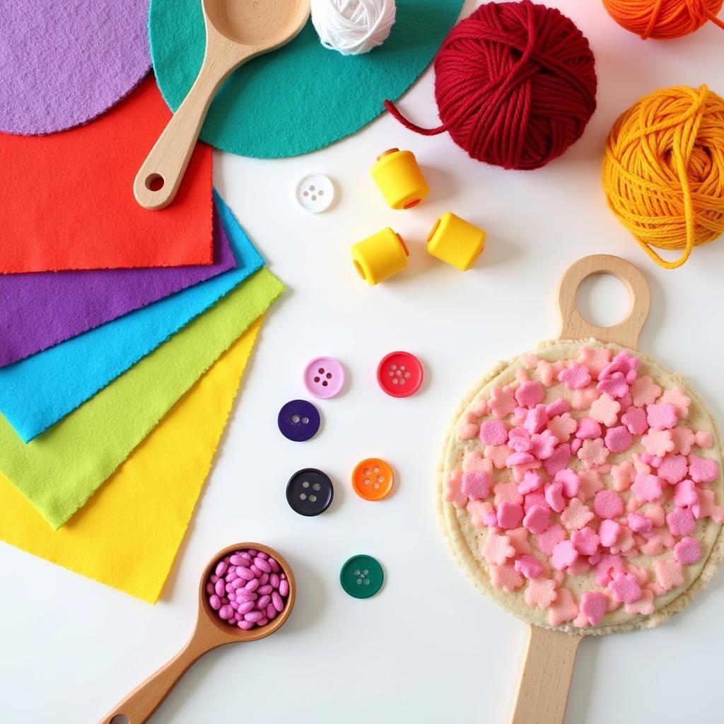 An assortment of colorful felt, yarn, buttons, and crafting tools arranged neatly on a table.