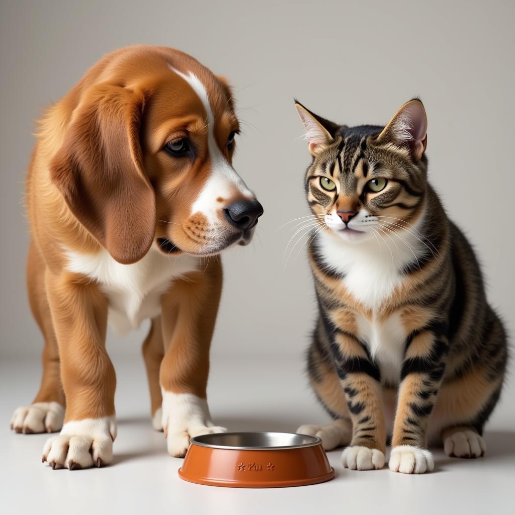 Curious dog and cat looking at their food bowls