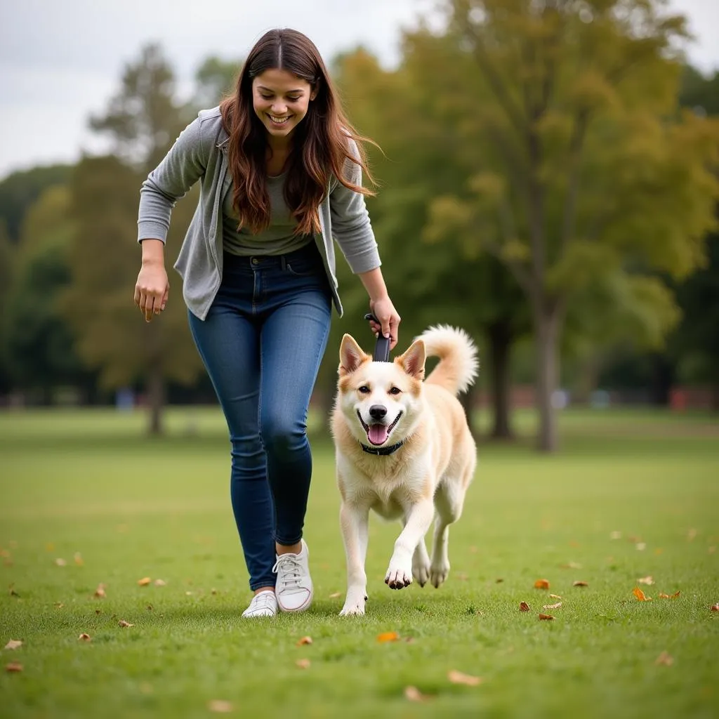 A dog playing fetch with its owner in a park setting