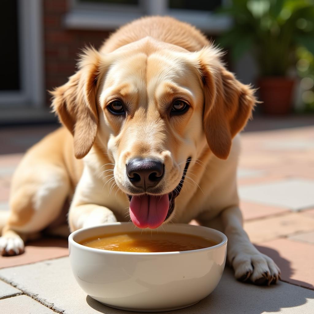 A dog enjoying a bowl of chilled bone broth to cool down on a hot day