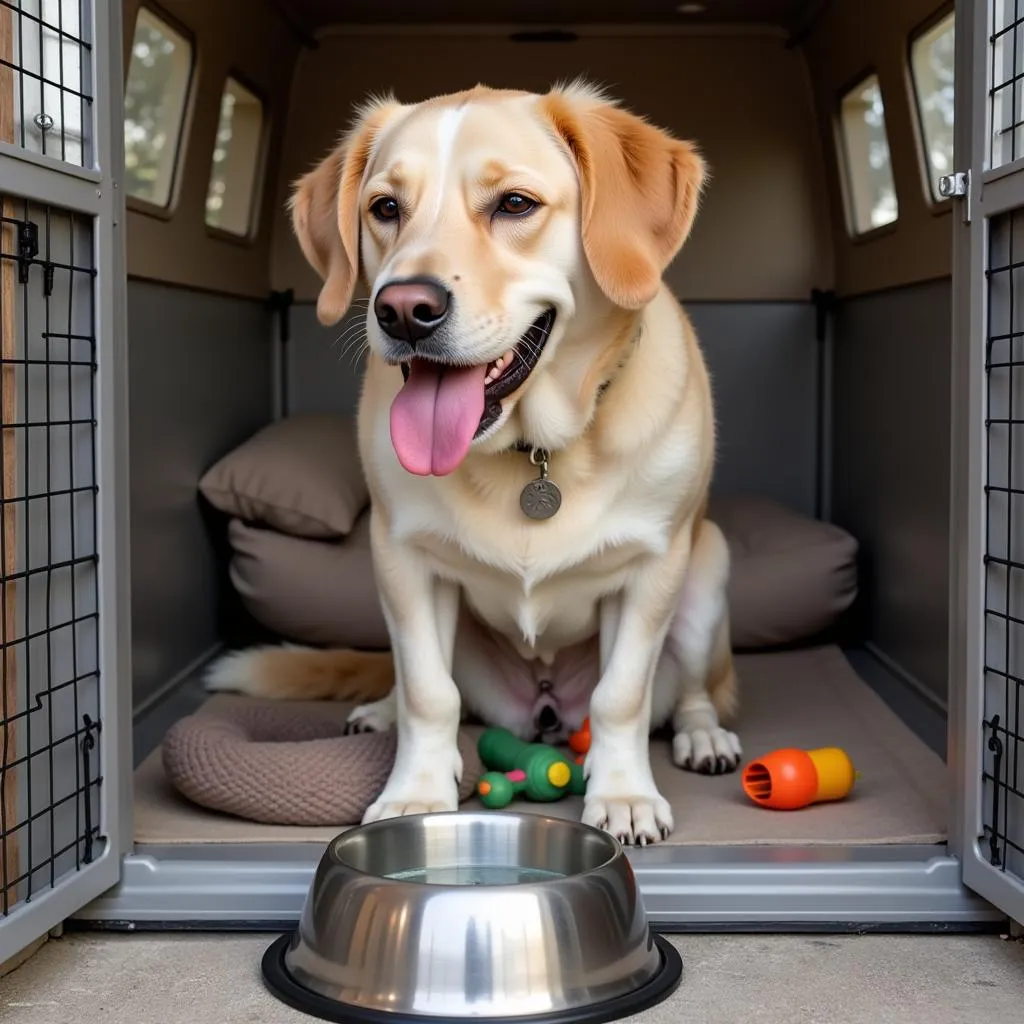 Dog Drinking Water from Bowl in Crate