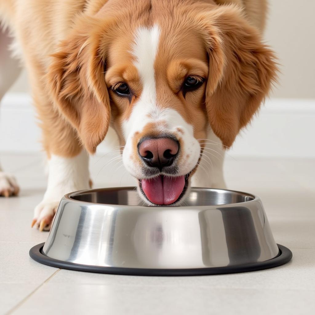 Dog Drinking from a Stainless Steel Bowl