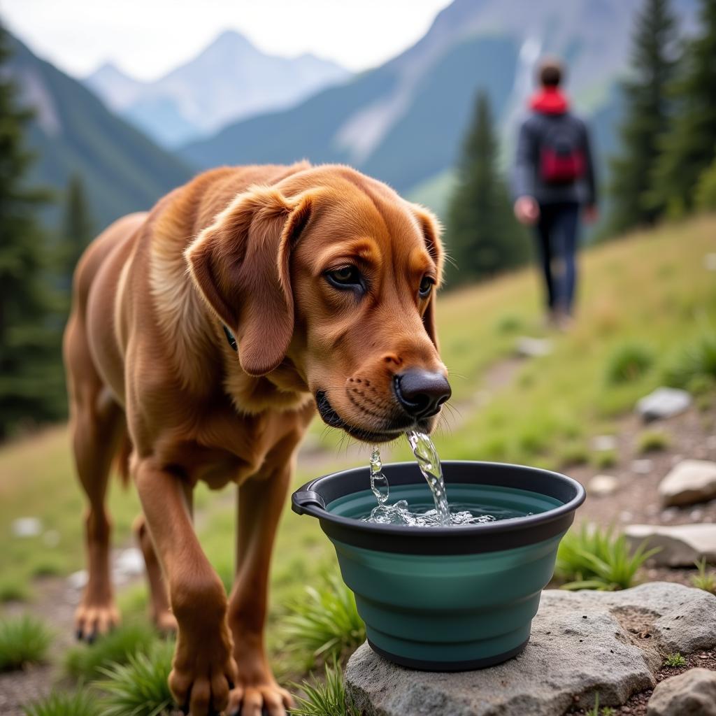 Dog drinking water from a travel bowl